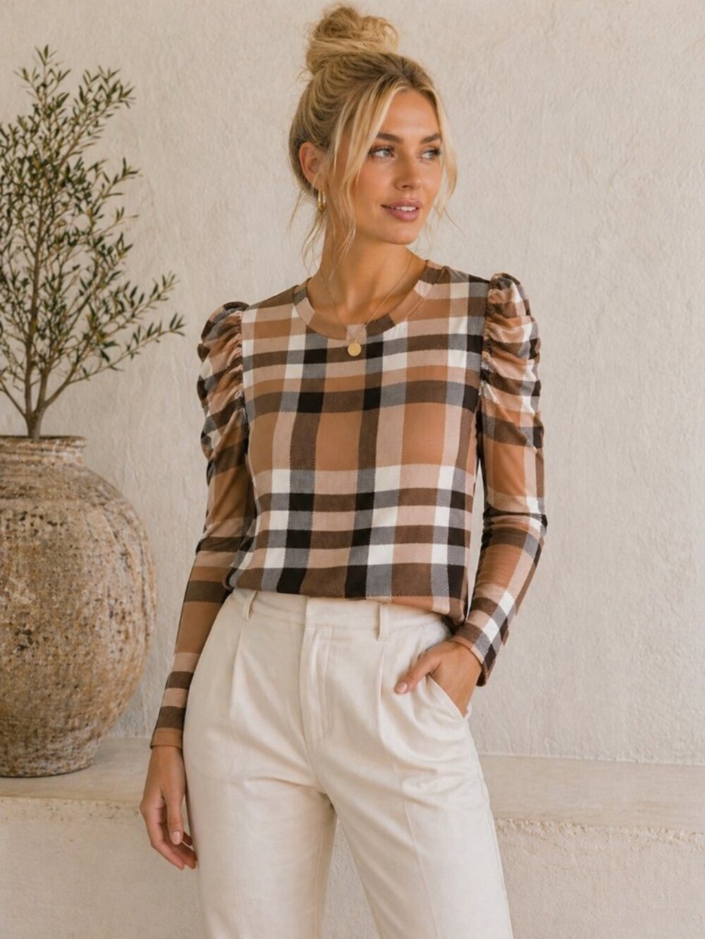 Les Amis Plaid Puff Sleeve Top Brown Beige Check Blouse Size Small